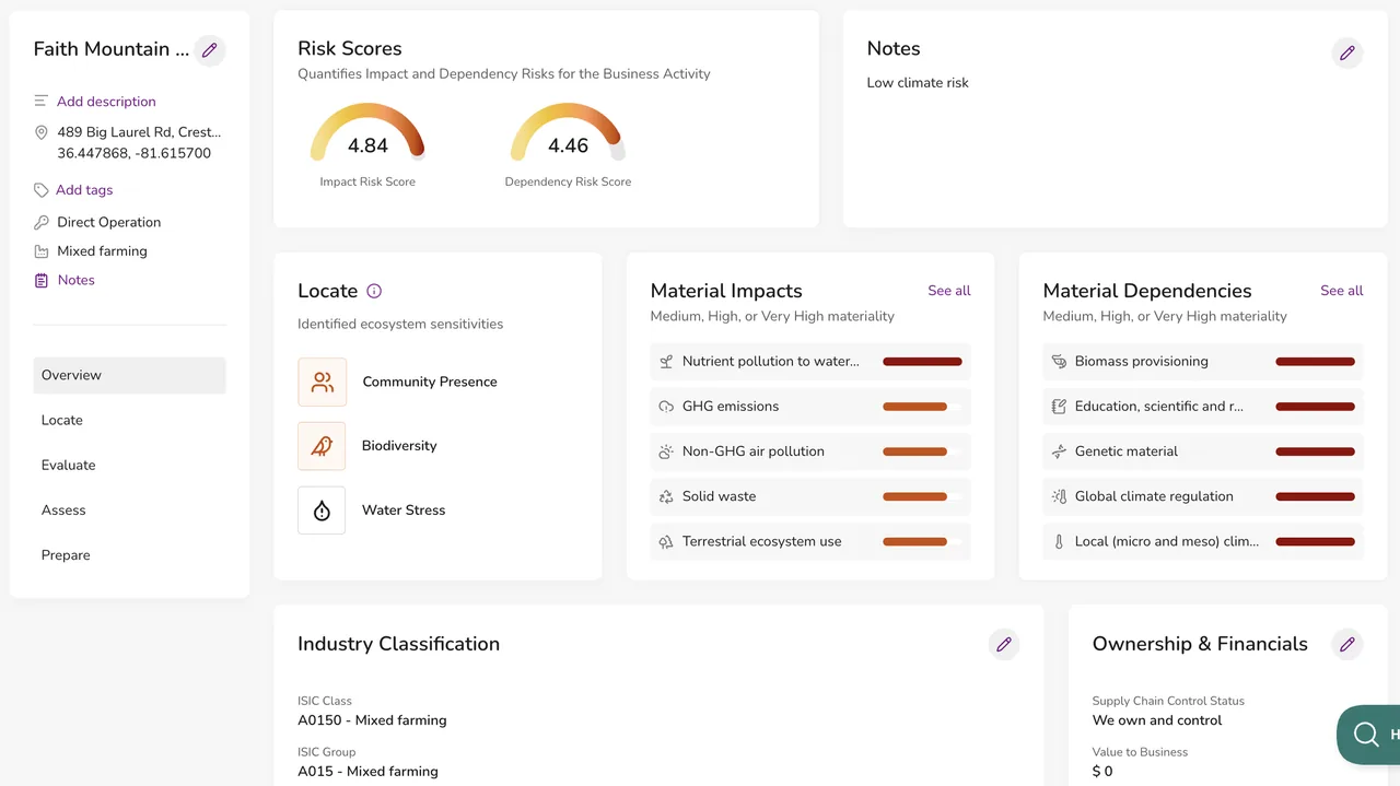 Dashboard showing impact and dependency risk gauges, lists of material impacts and dependencies, and industry classification panels