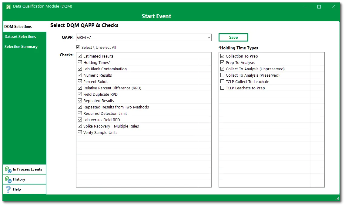 Data Qualification Module window showing a QAPP selector, a list of checks such as holding times and spike recovery, and holding-time types.