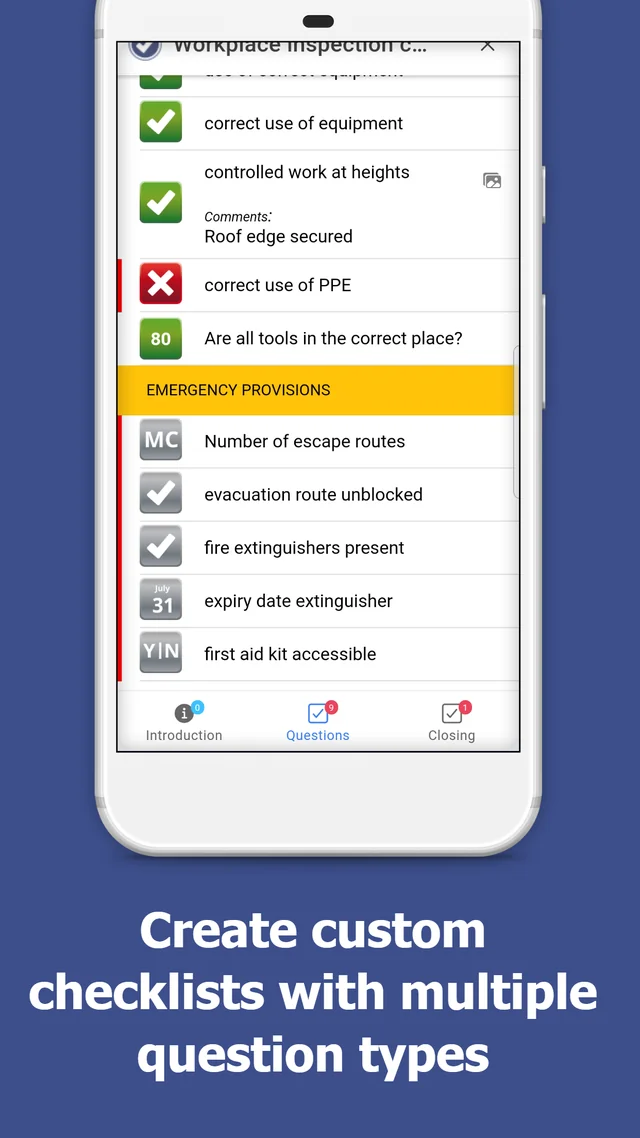 Phone showing an inspection checklist with tick and cross answers, a comment, a percentage score and an emergency provisions section