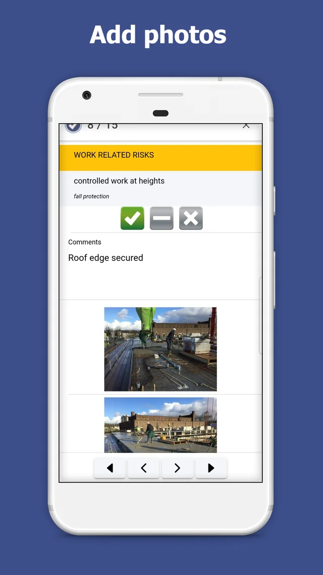 Phone showing an inspection question about work at heights with answer buttons, a comment and two construction site photos