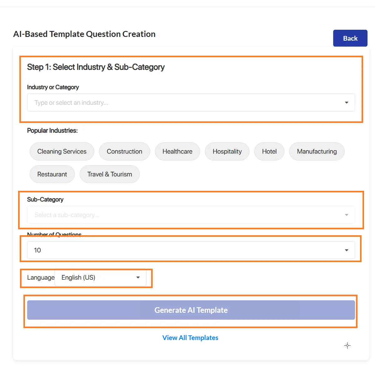 AI-based template creation form with industry buttons, sub-category, number of questions and language fields and a generate button