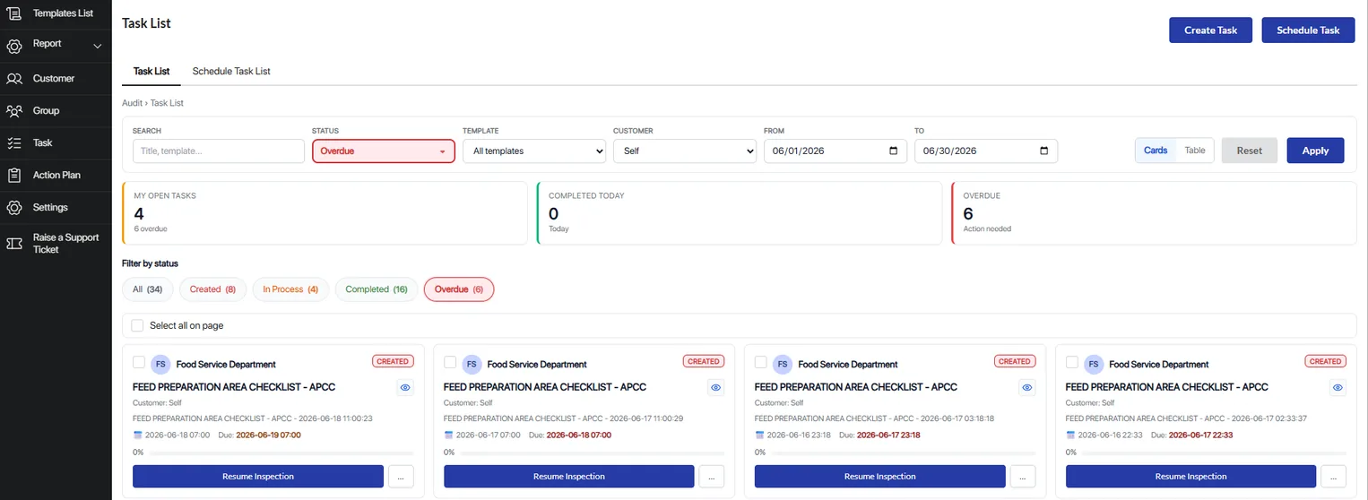 Web task list with search and status filters, counters for open, completed and overdue tasks and cards for scheduled checklist inspections with due dates