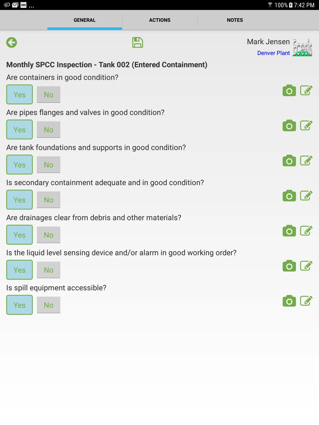 Tablet app screen with a monthly tank inspection checklist of yes/no questions with camera and edit icons