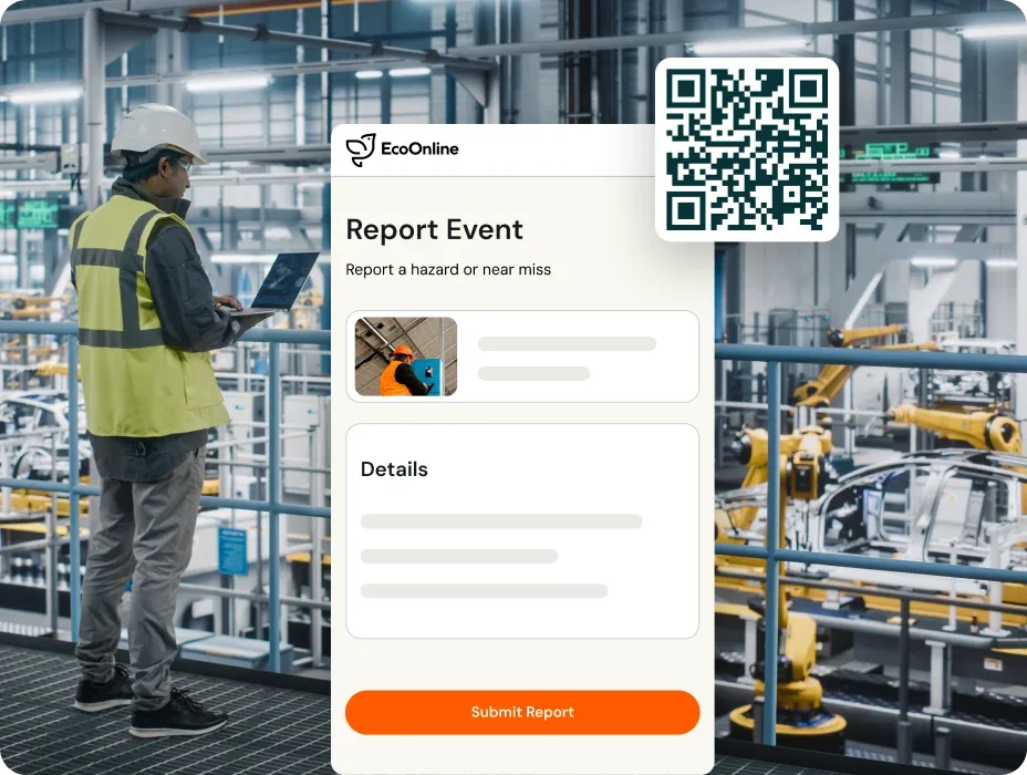 EcoOnline QR-enabled mobile form for reporting a hazard or near miss with a photo and event details