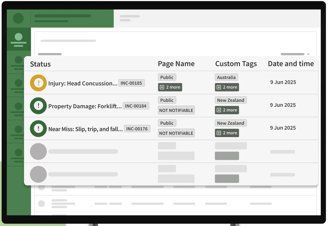 Monitor mockup showing an incident list with status icons, reference numbers, tags and dates