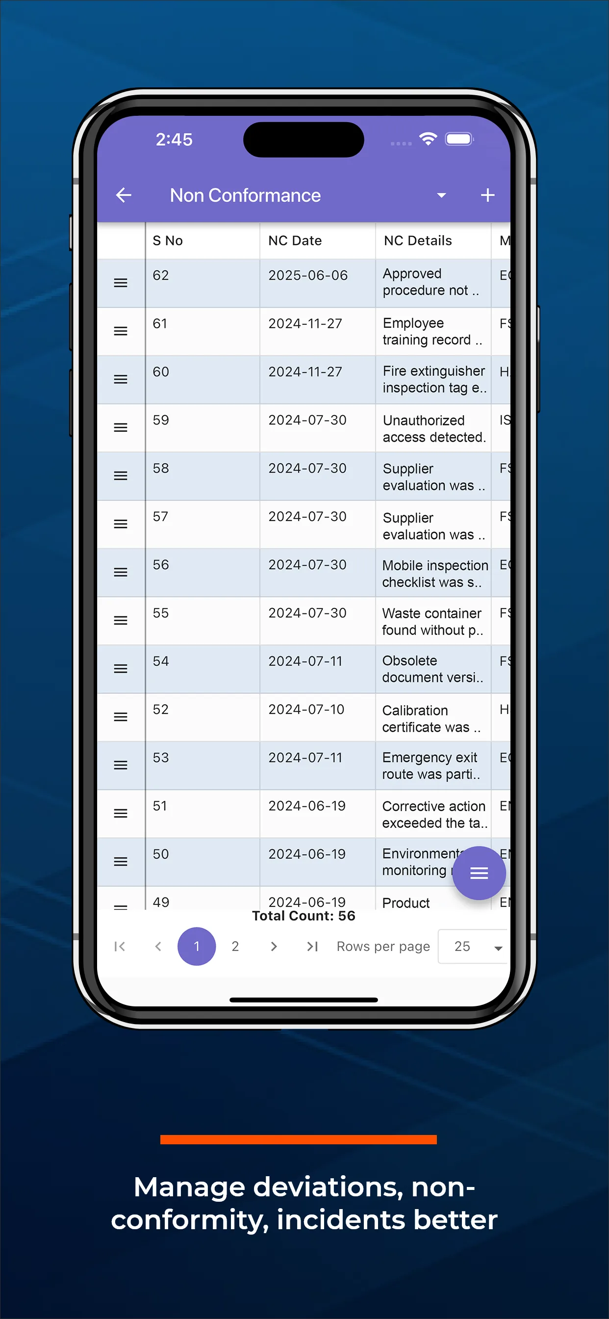 Phone screen of the Effivity app titled Non Conformance with a table of serial numbers, dates and short descriptions