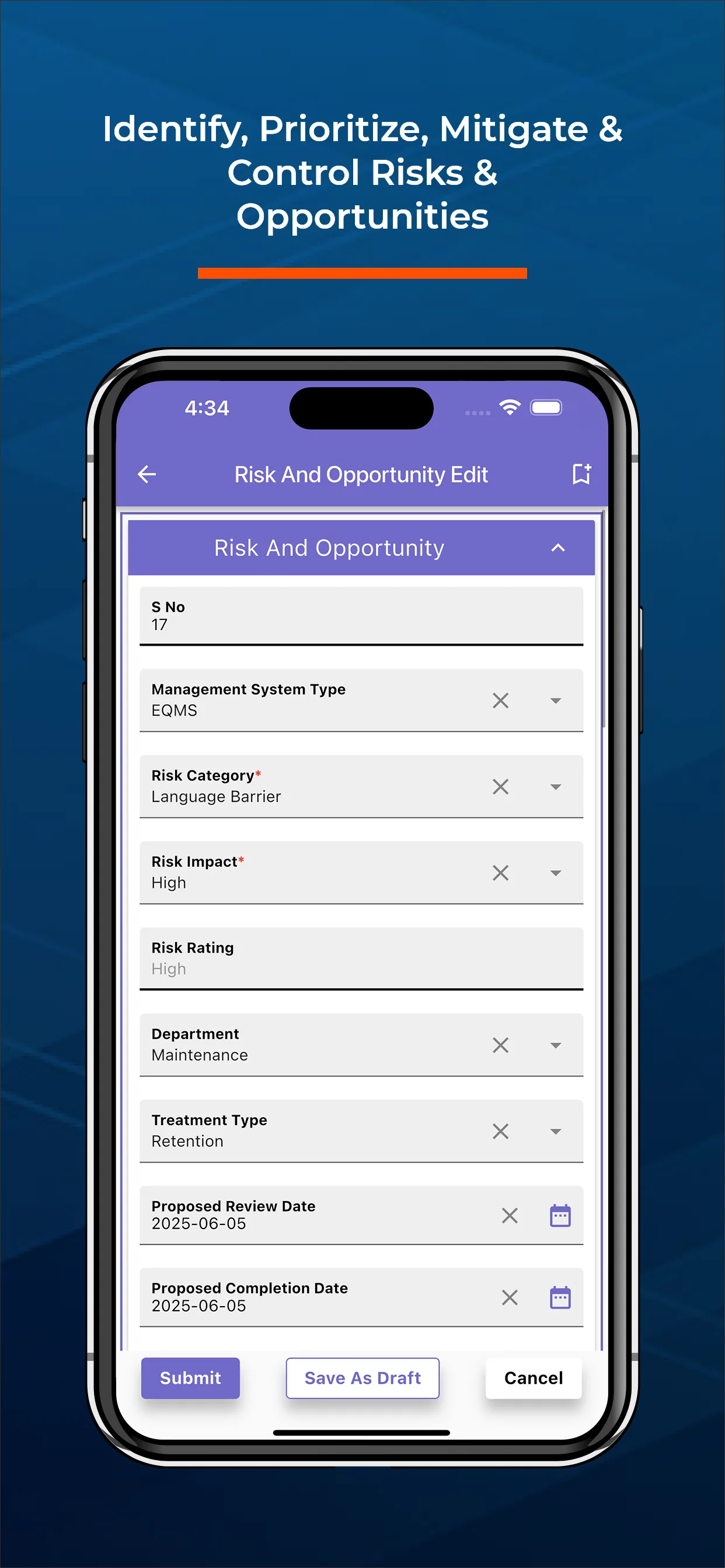 Phone screen of the Effivity app titled Risk And Opportunity Edit with fields for risk category, impact, rating, department and dates