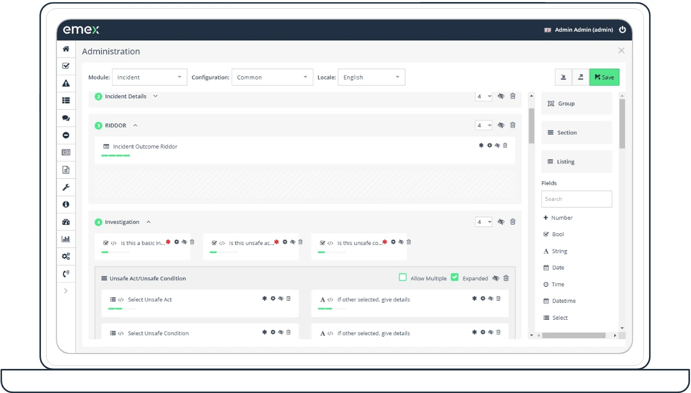 Administration screen with a form editor listing sections such as incident details, RIDDOR and investigation, and a side palette of field types