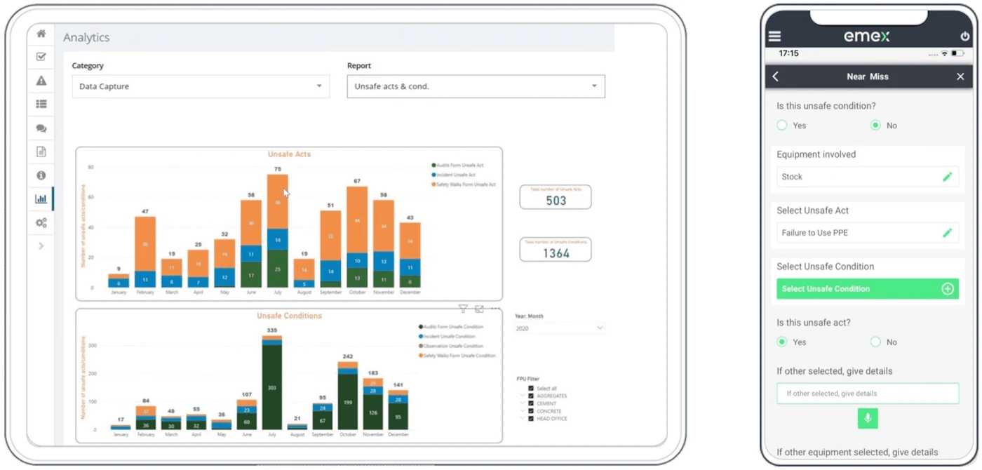 Desktop analytics with stacked bar charts of unsafe acts and unsafe conditions by month, next to a phone showing a near-miss form with yes or no questions and an unsafe act field