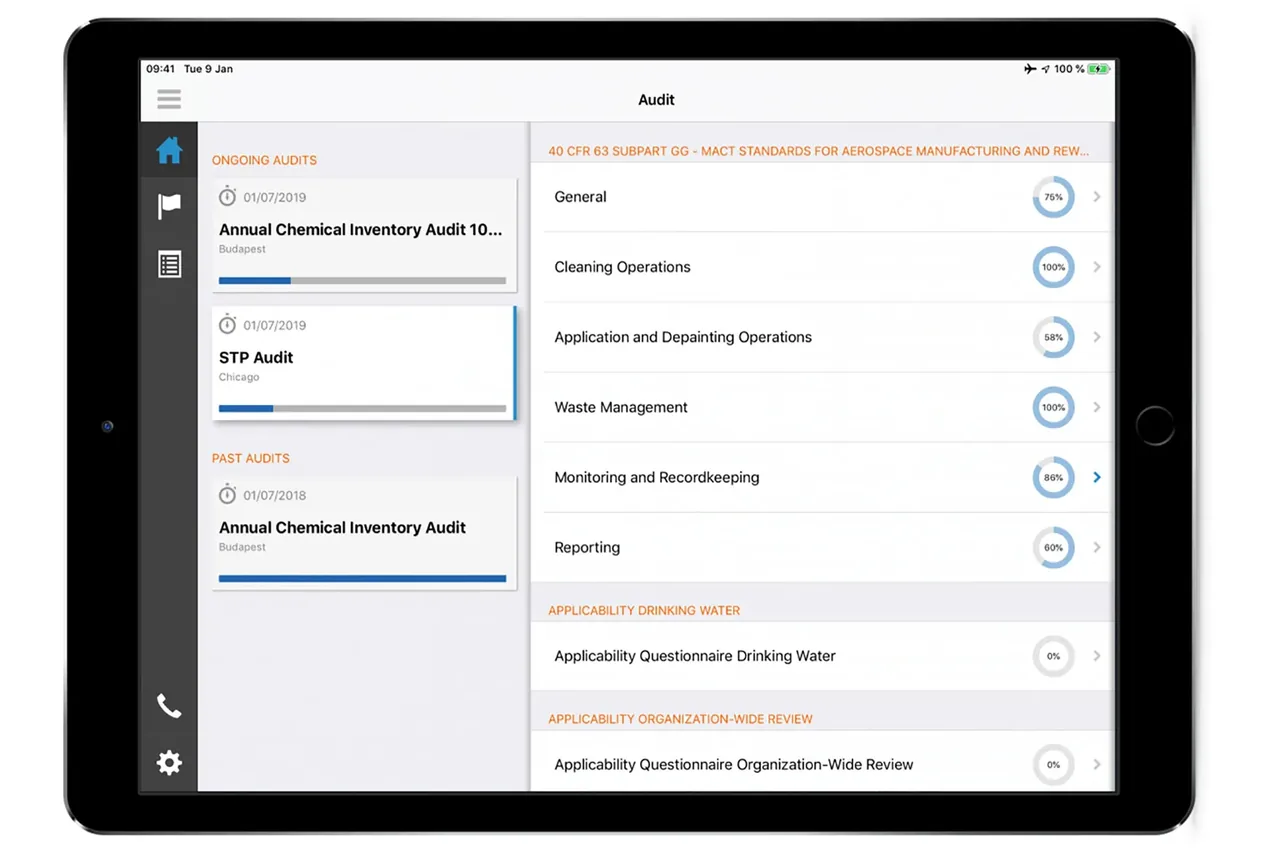 Tablet showing an Audit screen with ongoing and past audits and per-section completion percentages
