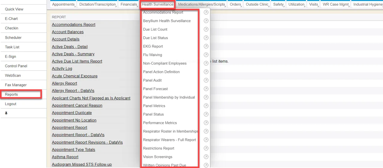 Reports page with a Health Surveillance menu listing reports such as Due List Count, Panel Status, Respirator Wearers and Vision Screenings.