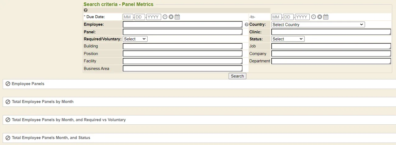 Search criteria form for Panel Metrics with due date, employee, panel, status and location fields and collapsed result sections by month.