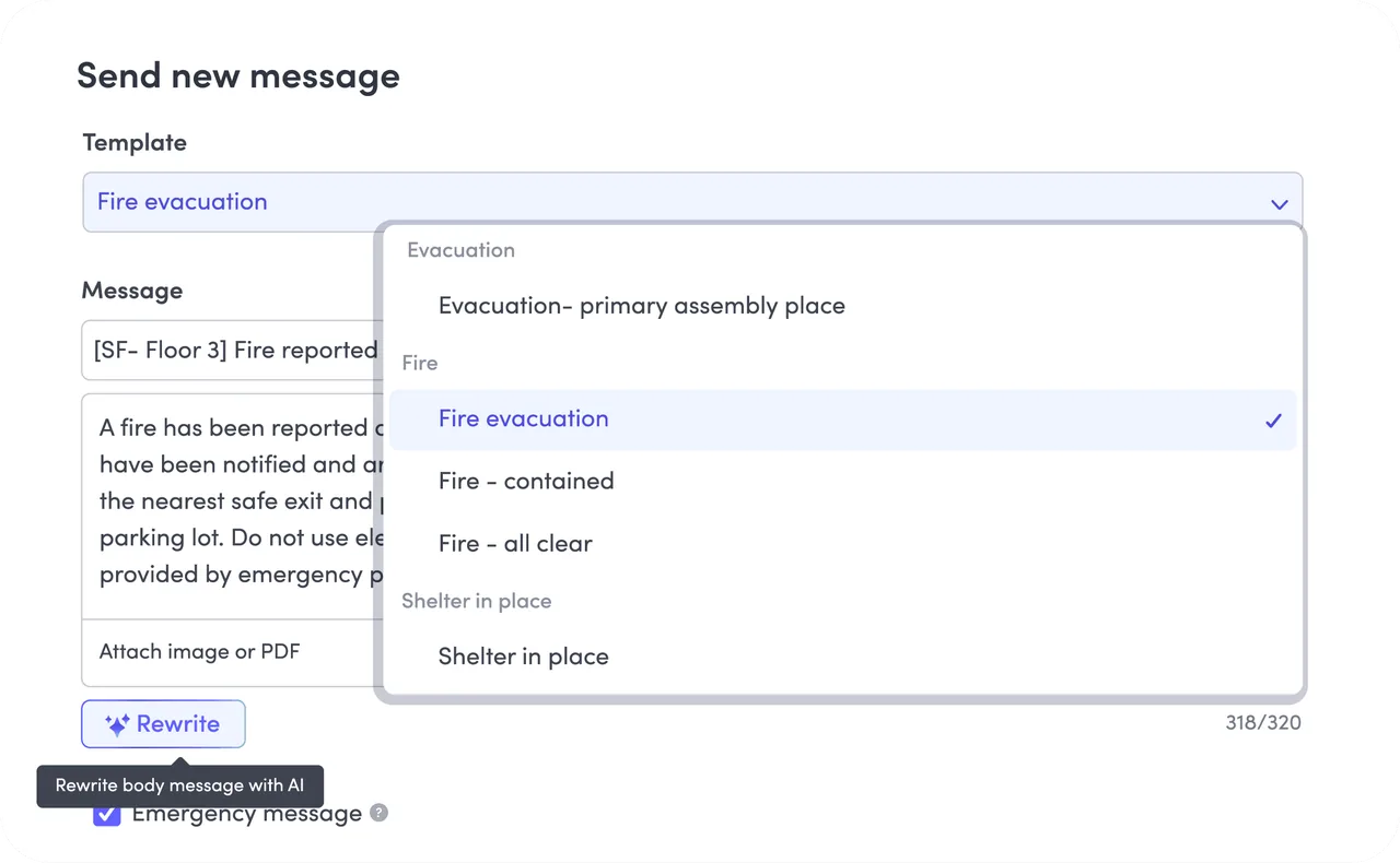 Envoy Send new message form with a template list: evacuation, fire evacuation, fire contained, all clear, shelter in place