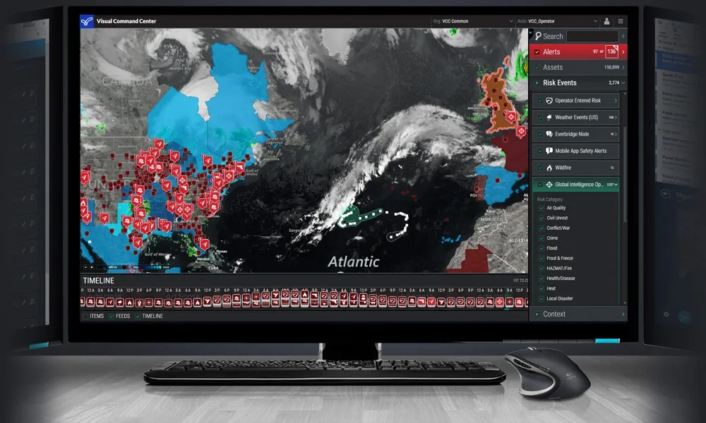 Everbridge Visual Command Center with map overlays, alert feeds and event timeline