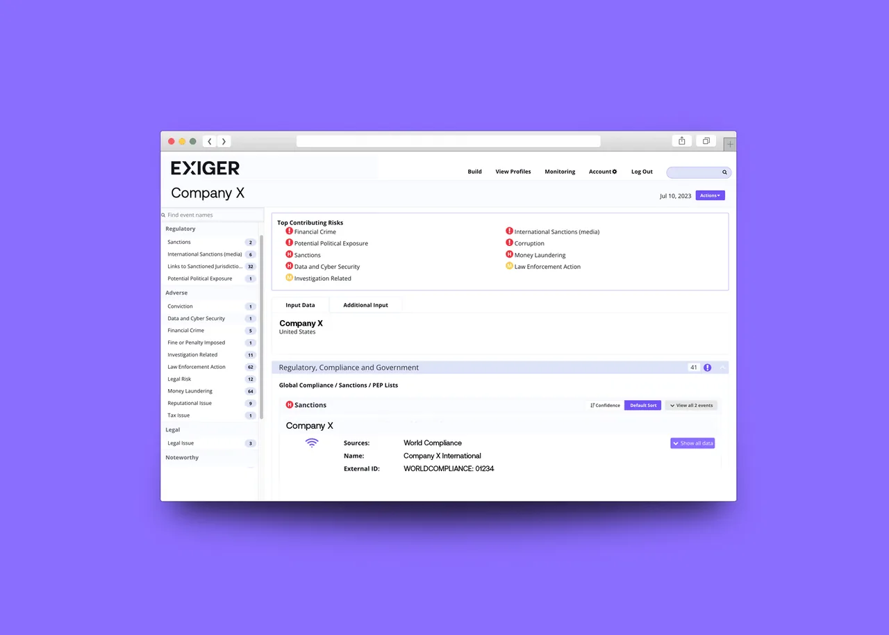 Browser window showing an Exiger risk profile for Company X with top contributing risks and sanctions results