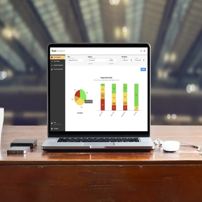 Laptop showing ReadiAnalytics with a Fatigue Risk Profile pie chart and stacked bar chart by shift