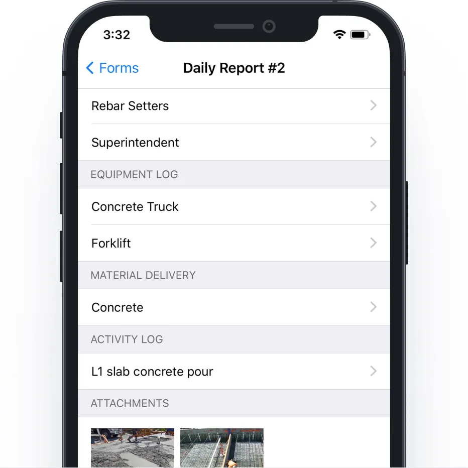 Phone screen of a Daily Report form listing a crew entry, equipment log, material delivery, activity log and photo attachments