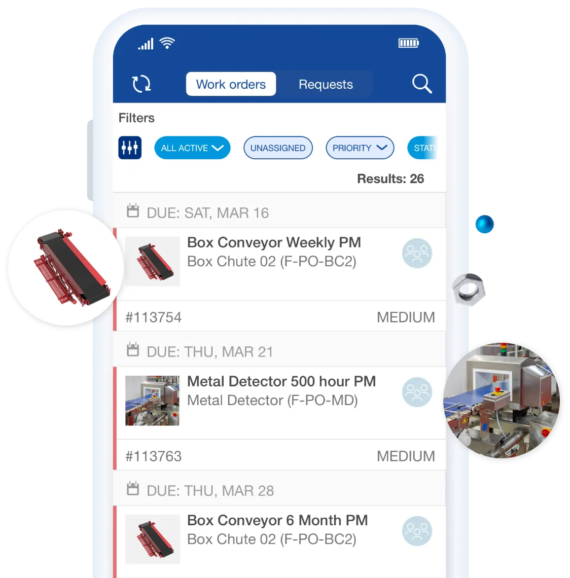 Phone screen showing a Fiix work-order list with filter chips, 26 results and preventive-maintenance orders with due dates