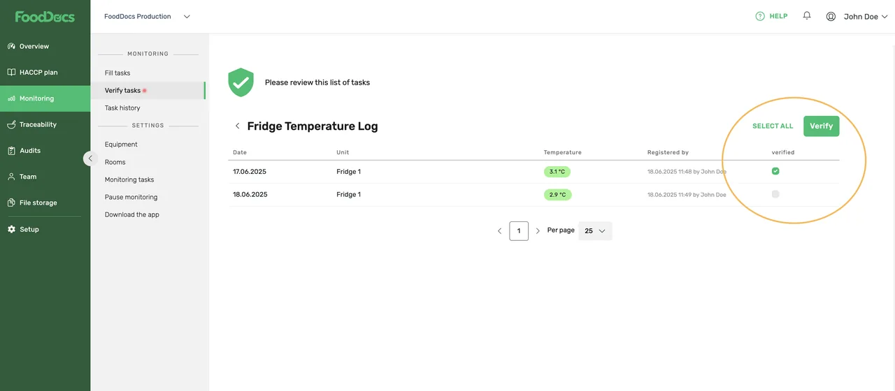 Desktop Verify tasks list for a Fridge Temperature Log with two entries, Select all and Verify buttons and a verified column
