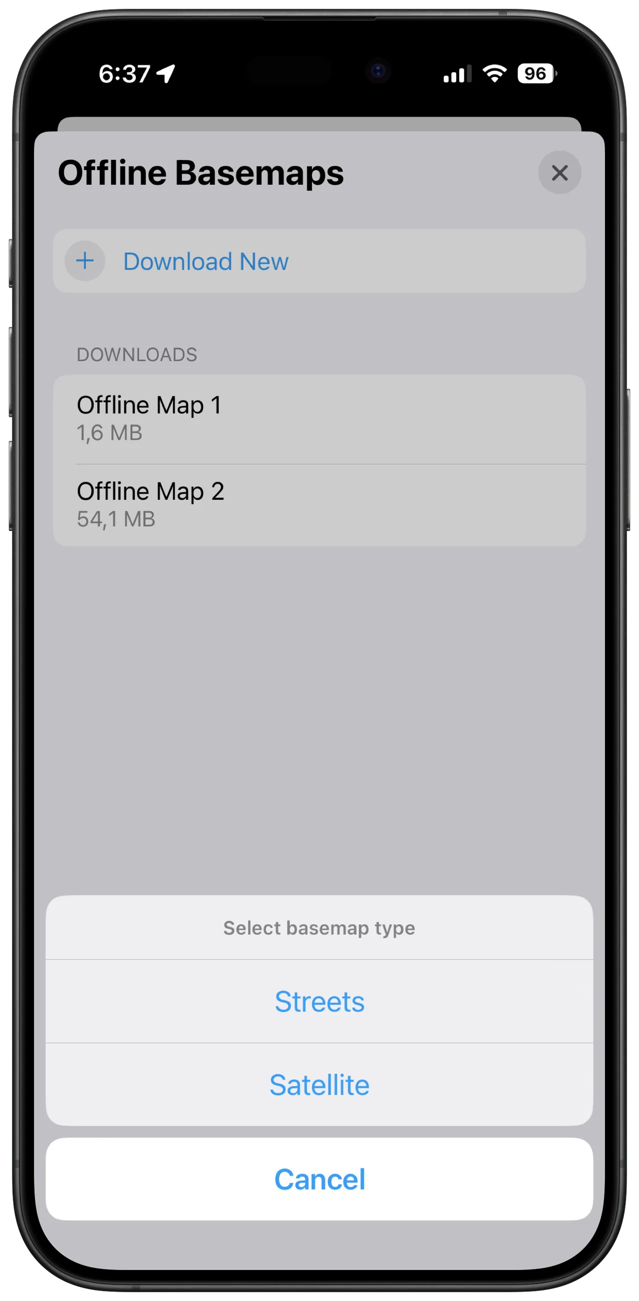 Fulcrum Offline Basemaps screen listing Offline Map 1 and 2 with file sizes, a Download New button and a Streets or Satellite choice.