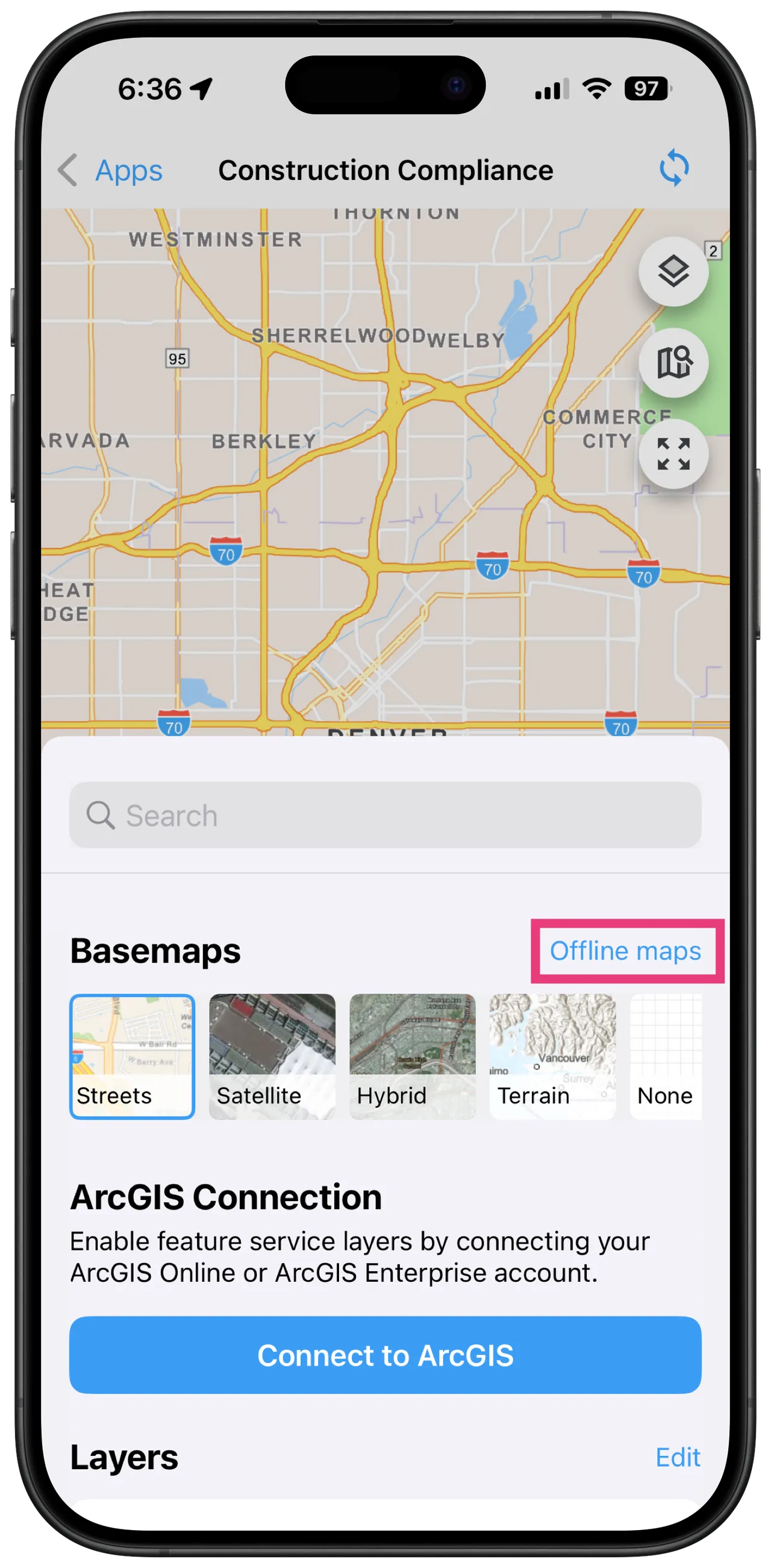 Fulcrum mobile app map with a basemap panel offering Streets, Satellite, Hybrid, Terrain and None, and a highlighted Offline maps link.