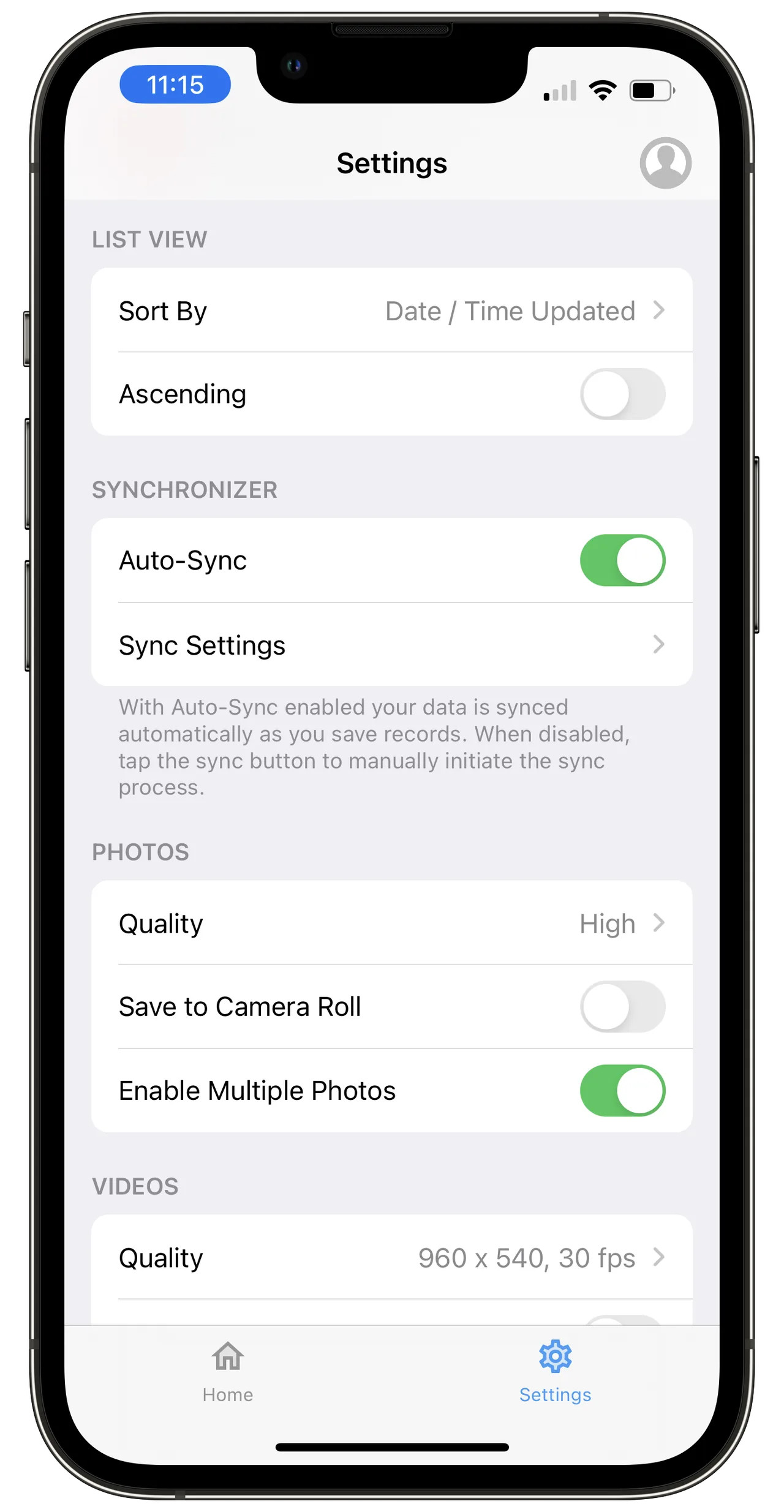 Fulcrum iOS Settings screen showing list-view sorting, Auto-Sync and Sync Settings, photo quality and video quality options.