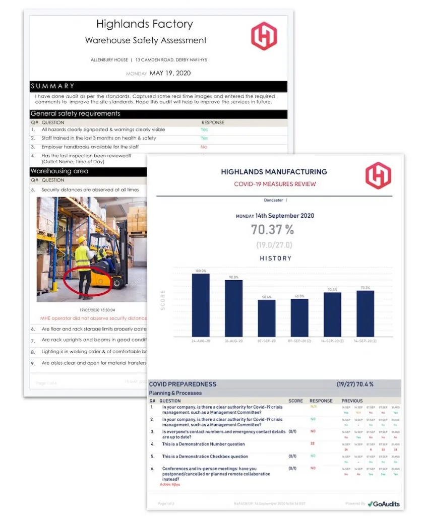 GoAudits generated warehouse safety assessment and manufacturing performance reports