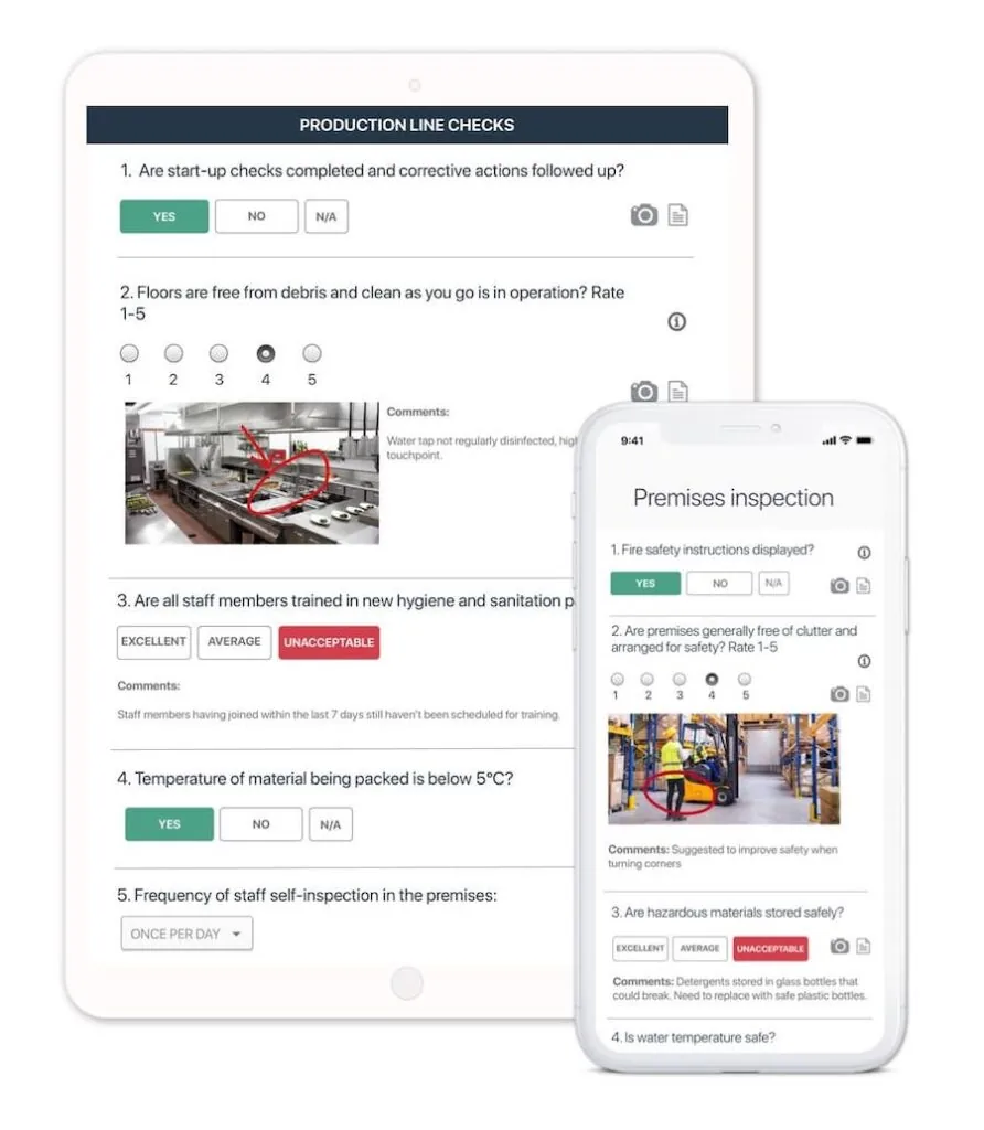 GoAudits production-line inspection checklist displayed on tablet and phone