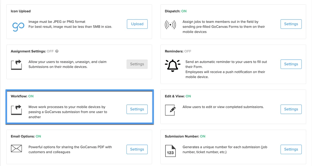 GoCanvas form settings tiles for Dispatch, Assignment Settings, Reminders, Workflow, Edit and View, Email Options and Submission Number.