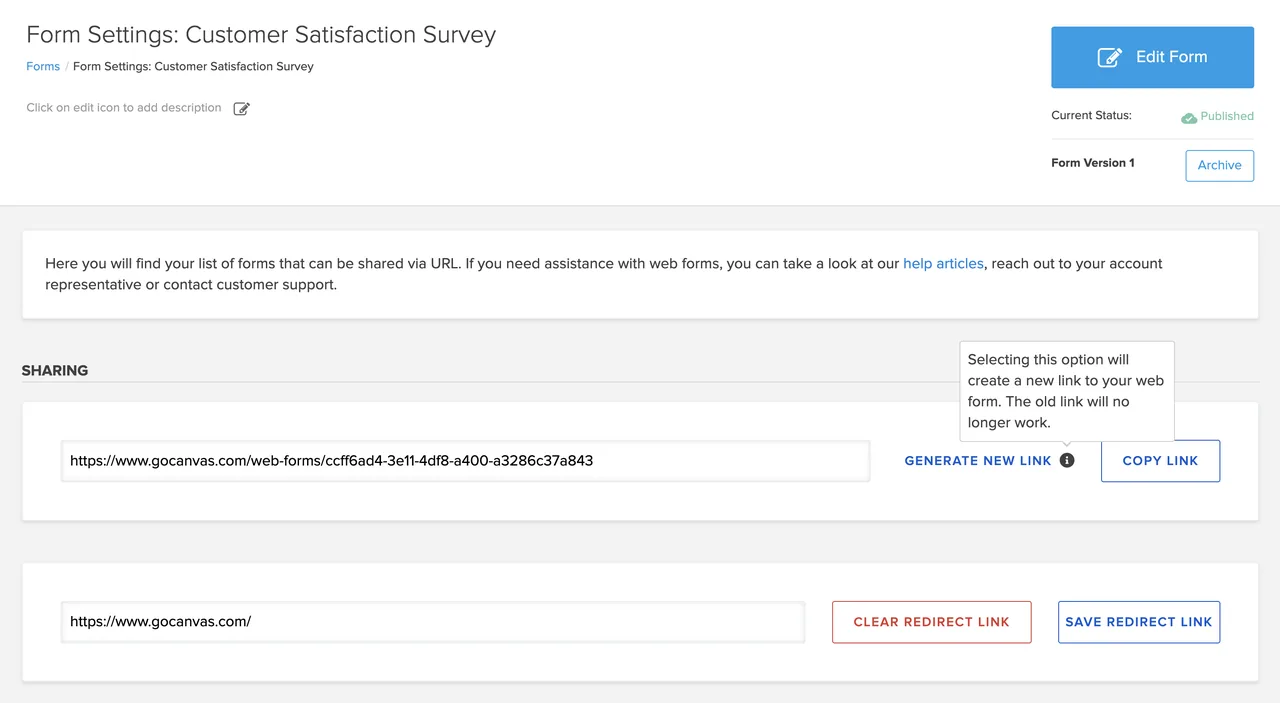 Form Settings for a Customer Satisfaction Survey with a shareable web-form link, Generate New Link, Copy Link and a redirect link field.