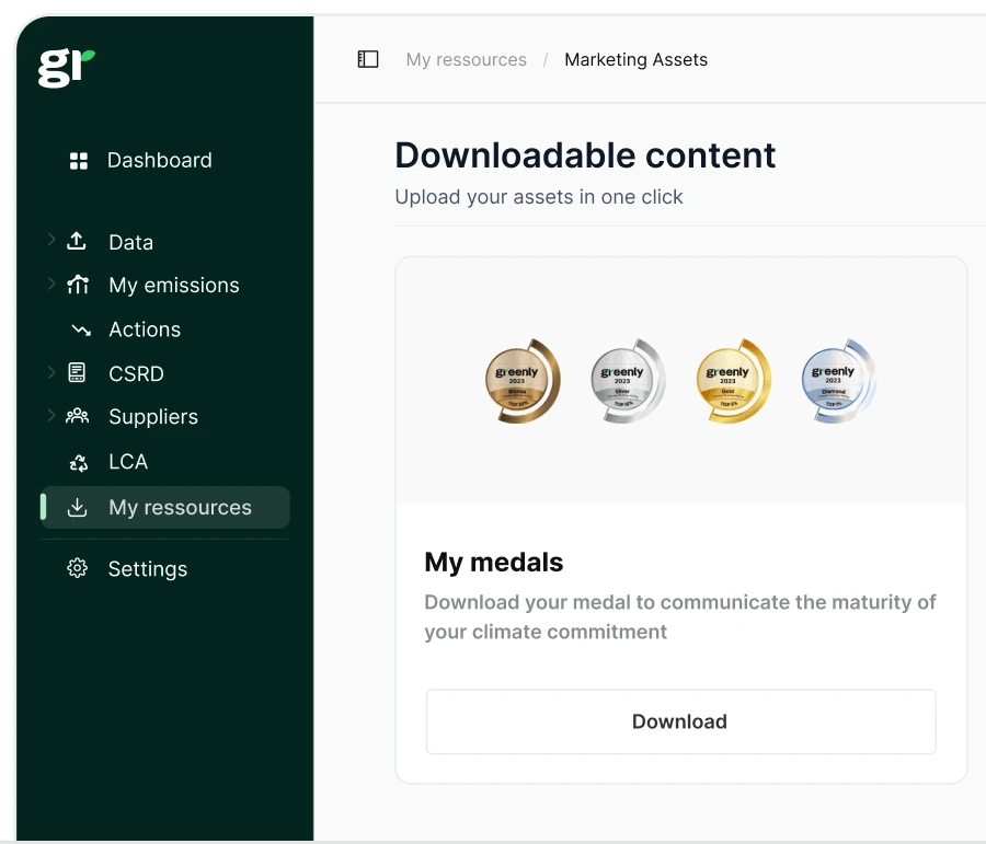 Dark navigation menu listing Dashboard, Data, My emissions, Actions, CSRD, Suppliers, LCA and resources, beside a downloadable content card with four medal graphics