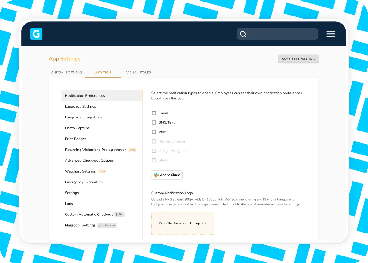Greetly app settings with a Location tab, a settings menu including Emergency Evacuation, and email, SMS and voice options