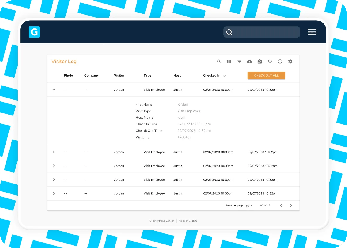 Greetly visitor log table with photo, company, visitor, type, host and check-in columns and a Check out all button