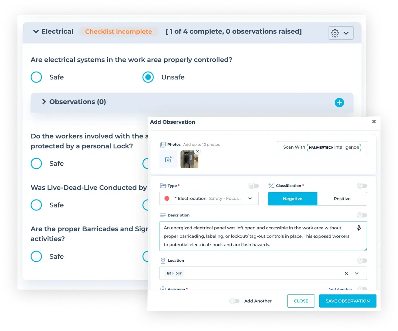 HammerTech electrical inspection checklist and Intelligence observation dashboard