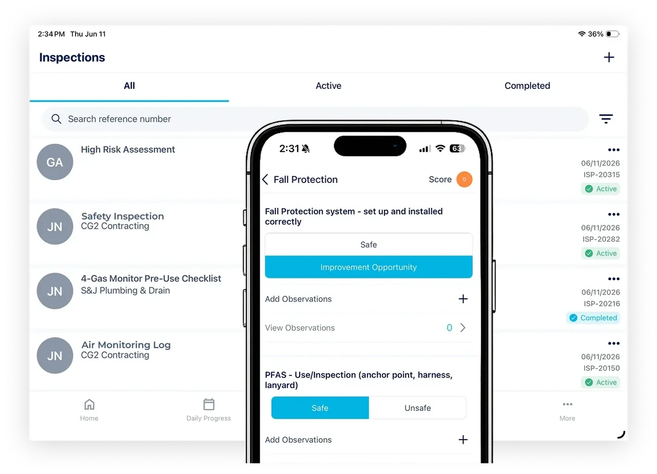 HammerTech desktop and mobile inspection list with types and completion status