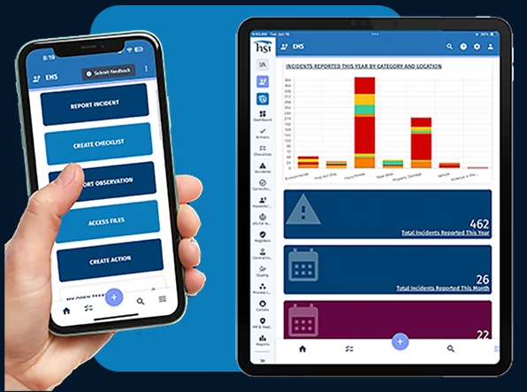 Phone showing an EHS app menu next to a tablet showing a bar chart of incidents by category and location with incident counts