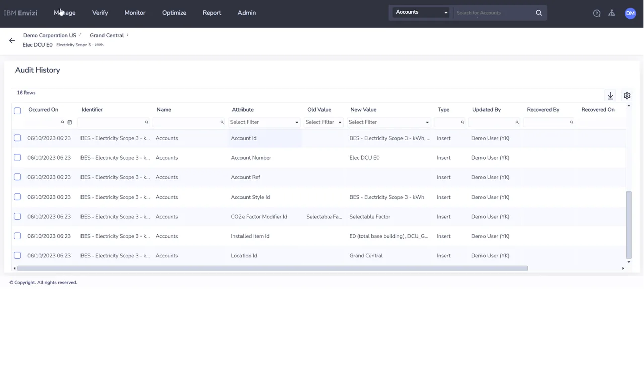 Audit History table with columns for date, identifier, attribute, old value, new value, type and updated by