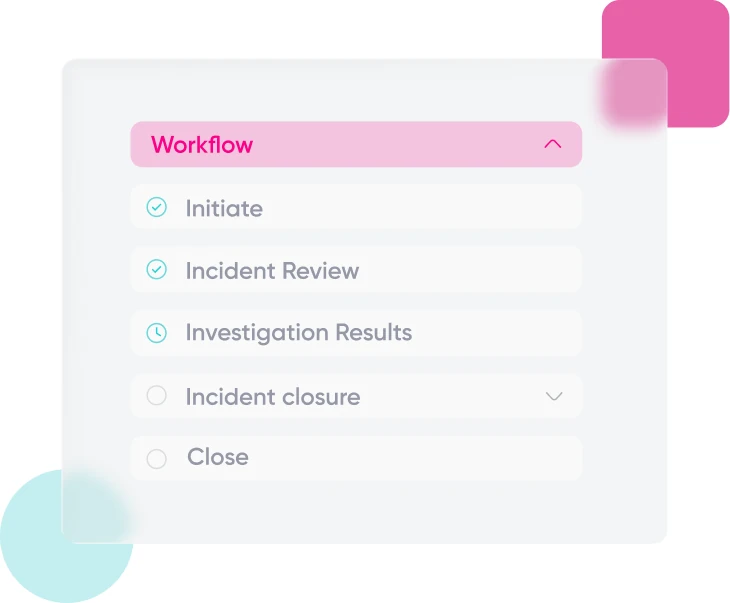 Workflow panel listing the stages Initiate, Incident Review, Investigation Results, Incident closure and Close