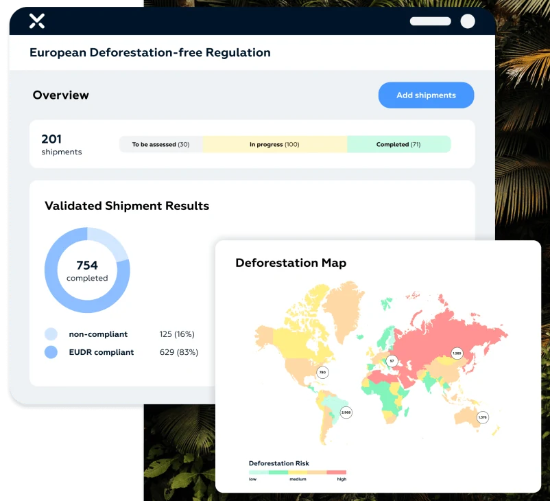 Dashboard titled European Deforestation-free Regulation with shipment status bars, a ring chart of results and a world map coloured by deforestation risk