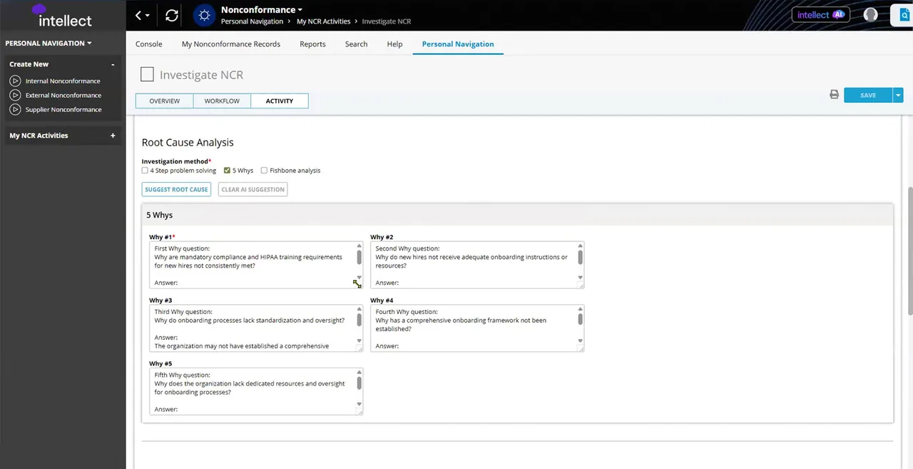 Investigate NCR screen with 5 Whys method selected, a suggest root cause button and five why fields