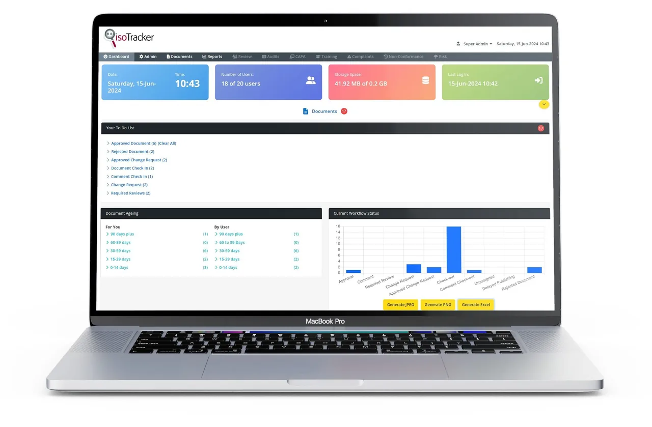 Laptop showing isoTracker dashboard with module tabs, user and storage tiles, to-do list, ageing table and bar chart