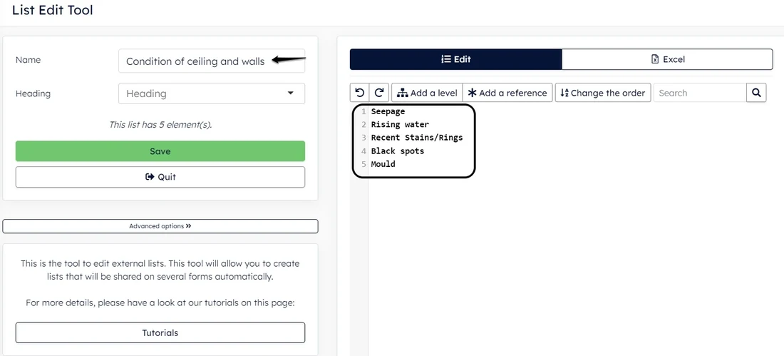 List editor with a named sample list of five condition items and toolbar buttons to add a level or a reference