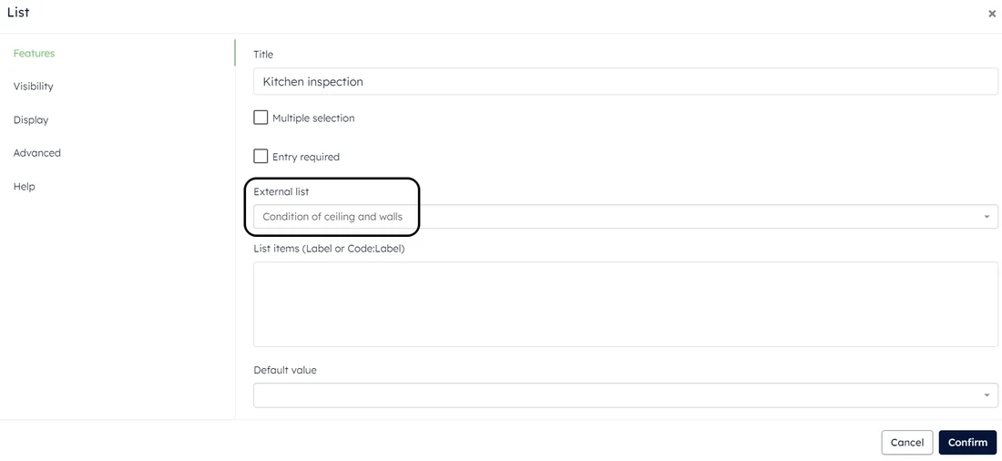 Settings dialog for a list field with a title, an external list selector and a list items box