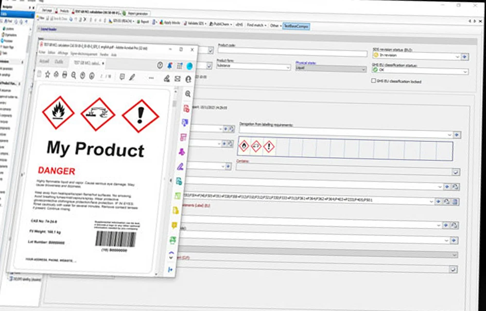 ExESS product record window with a document preview of a hazard label headed My Product and three hazard pictograms