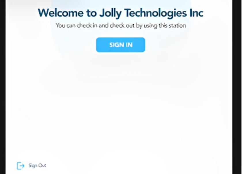 Tablet welcome screen with a sign-in button and a sign-out link