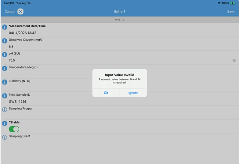 Tablet form with dissolved oxygen, pH and temperature fields and a dialog saying a numeric value between 0 and 14 is required