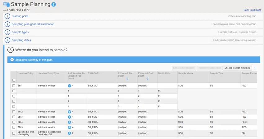 Sample Planning wizard step 5 listing locations SB-1 to SB-5 with samples per event, depth ranges, matrix and type columns