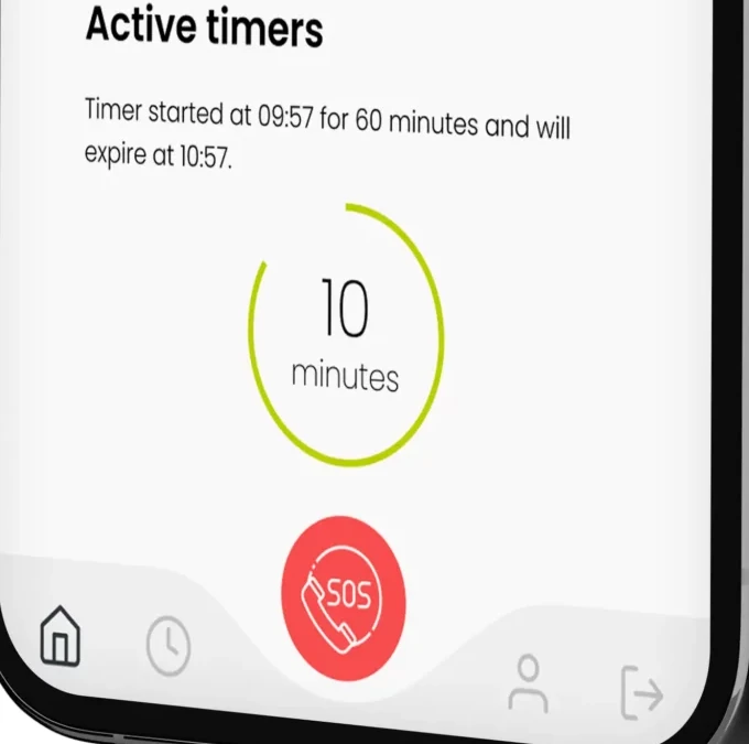 Phone app screen with an active timer countdown ring reading 10 minutes and a red SOS button