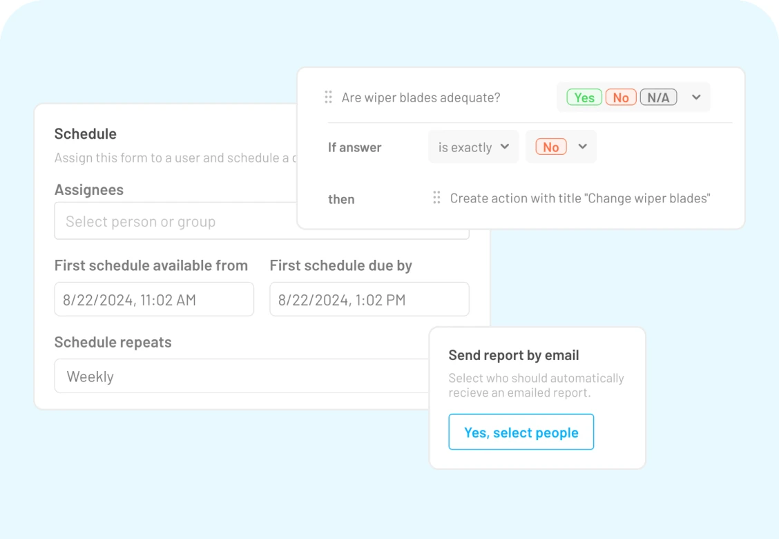Settings panels for a recurring schedule, a rule that creates an action when an answer is no, and a report email option