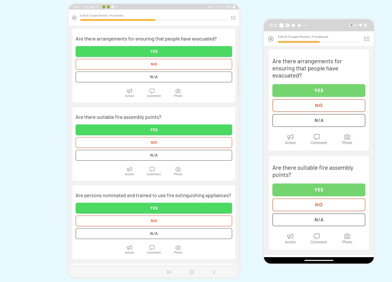 Tablet and phone showing checklist questions with yes, no and not applicable buttons and action, comment and photo icons